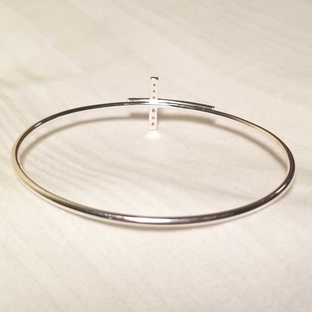 Silver Rhinestone Cross Bangle Bracelet - Picture 3 of 4